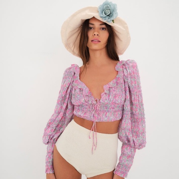 For Love and Lemons Saylor Blouse in Pink Balloon Pleats Sleeves Size XS - Picture 1 of 12